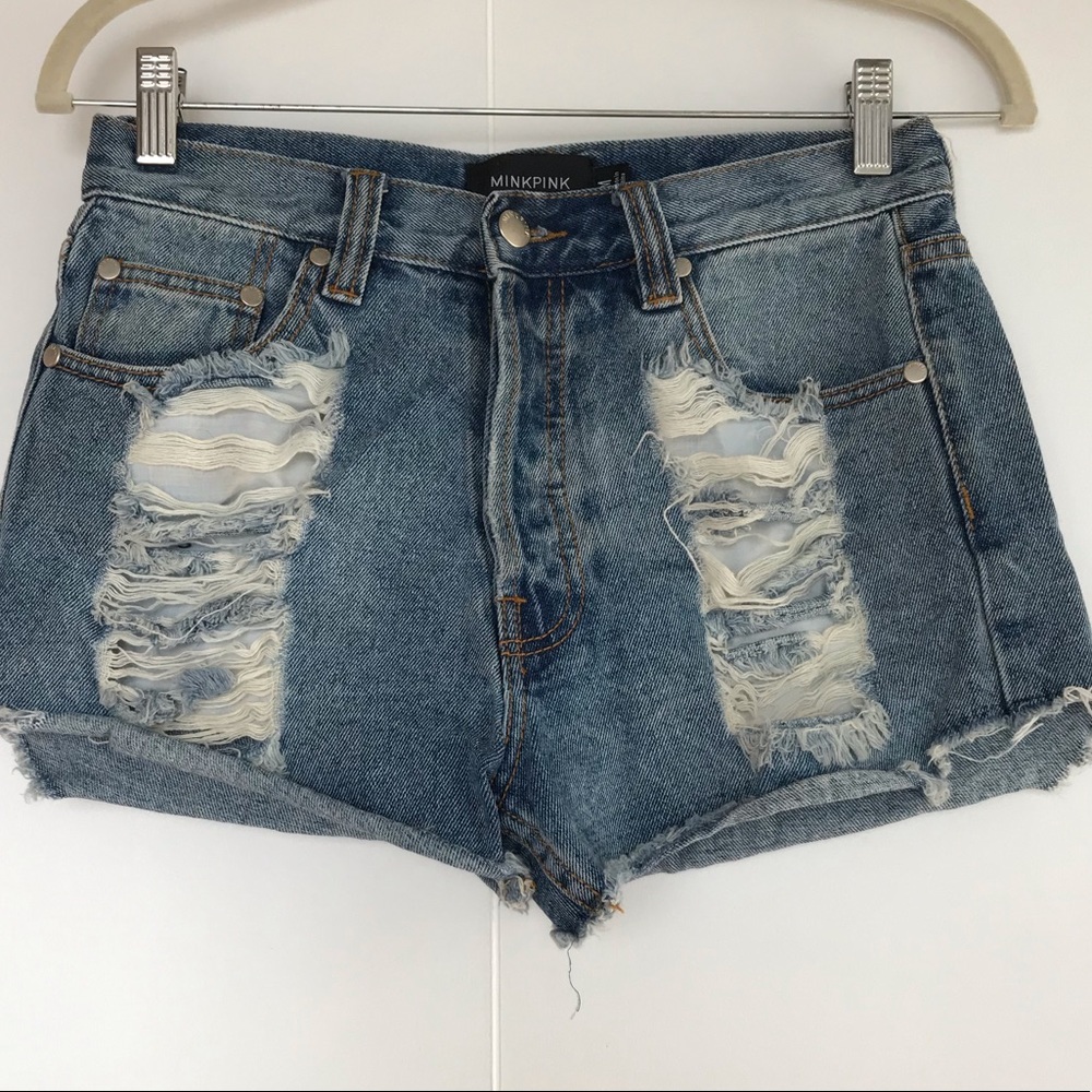 MINKPINK DISTRESSED DENIM HIGH RISE SHORTS